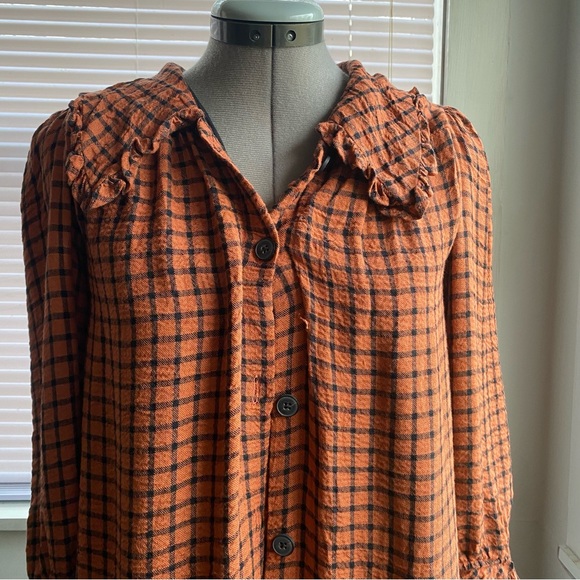 ZARA Beautiful Cotton Button Up Blouse Orange Black Squares Size M - Picture 5 of 7